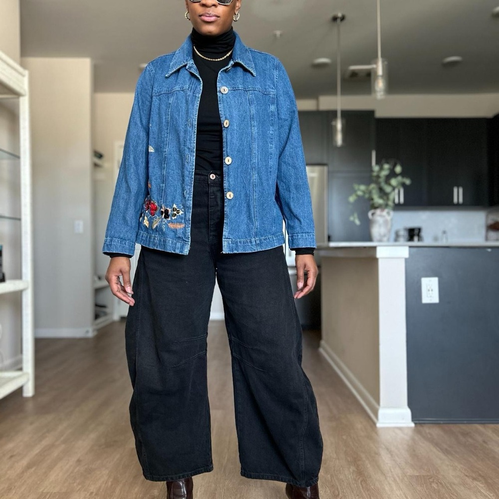 Vintage  Blue Jean Jacket with Floral Embroidery